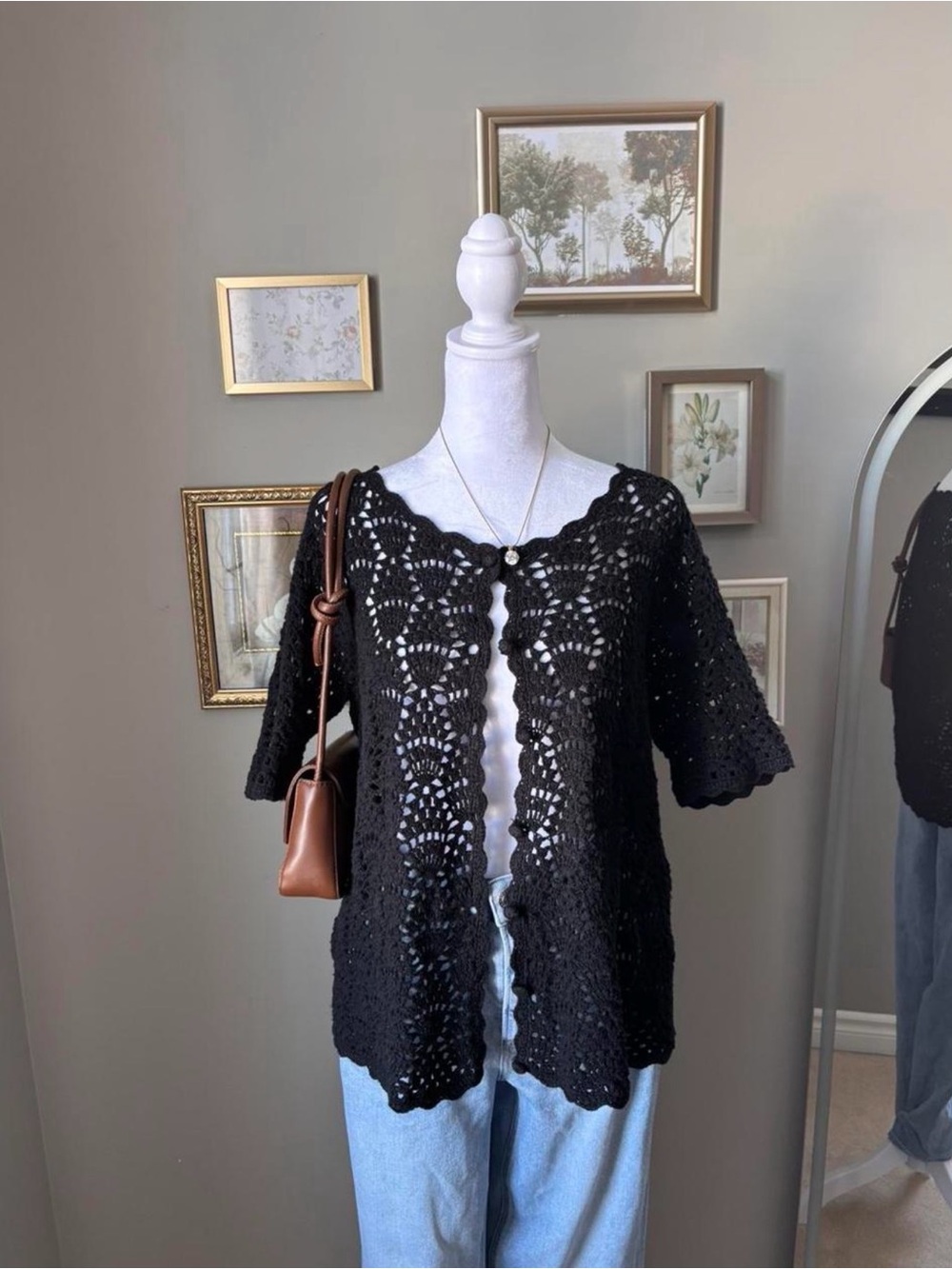 Bay Studio Black Crochet Knit Button Top